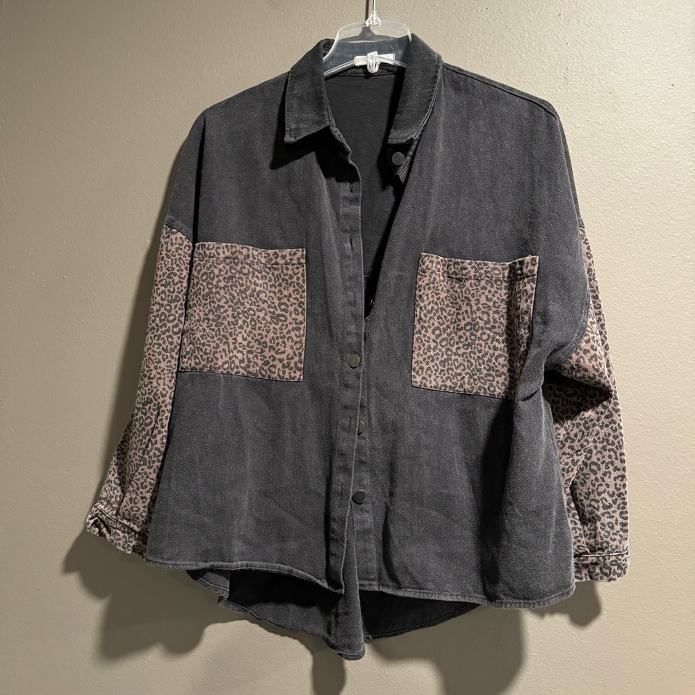 12th Tribe Fading Leopard Print Detail Denim Jacket One size